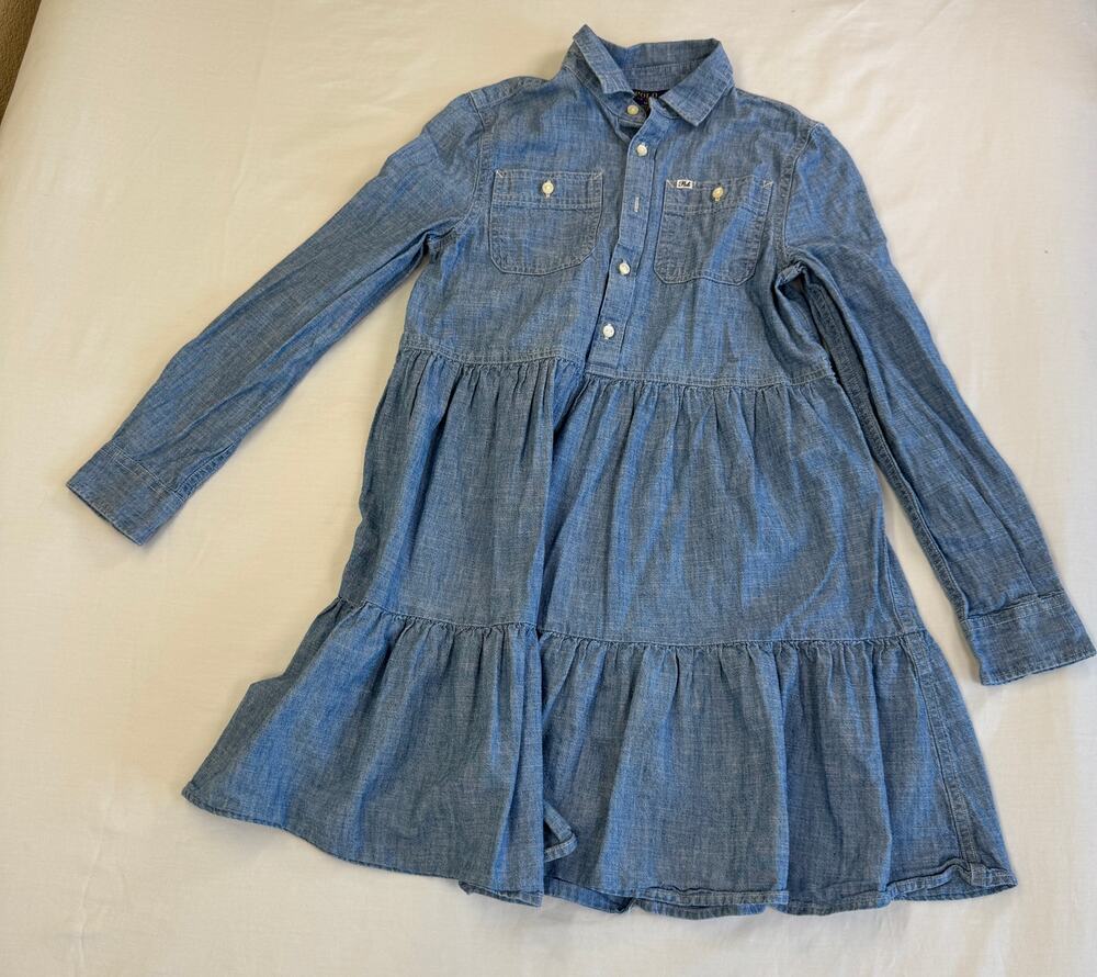  Polo Ralph Lauren Girls Size 12 Chambray Tiered Shirt Dress Blue Button Front